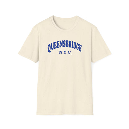 Cream t-shirt with blue "QUEENSBRIDGE NYC" text arched across the chest.