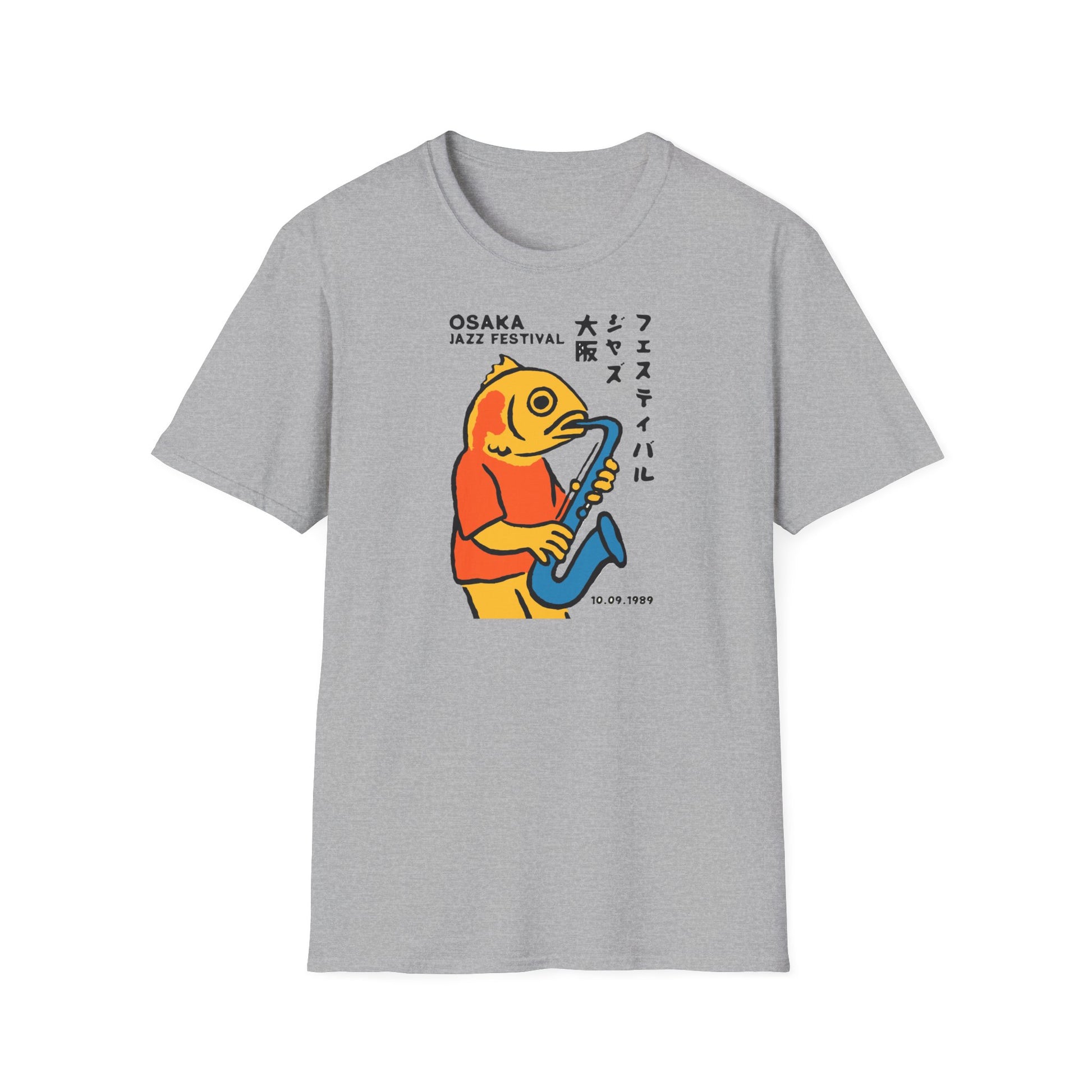 Gray t-shirt with Osaka Jazz Festival graphic of a fish playing saxophone.