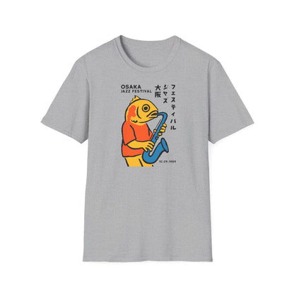 Gray t-shirt with Osaka Jazz Festival graphic of a fish playing saxophone.