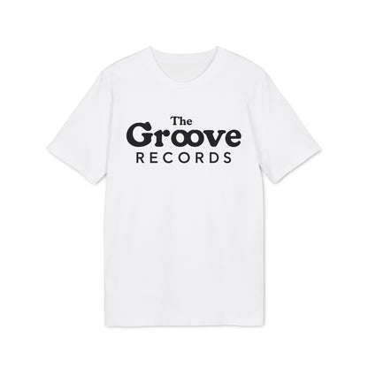 White t-shirt with black text "The Groove Records".