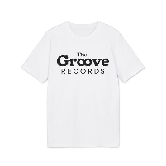 White t-shirt with black text "The Groove Records".