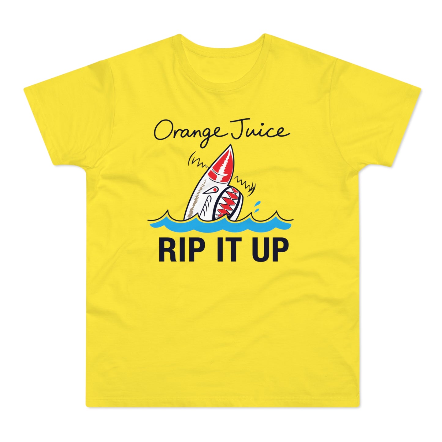 Yellow t-shirt with "Orange Juice RIP IT UP" and a shark in waves.
