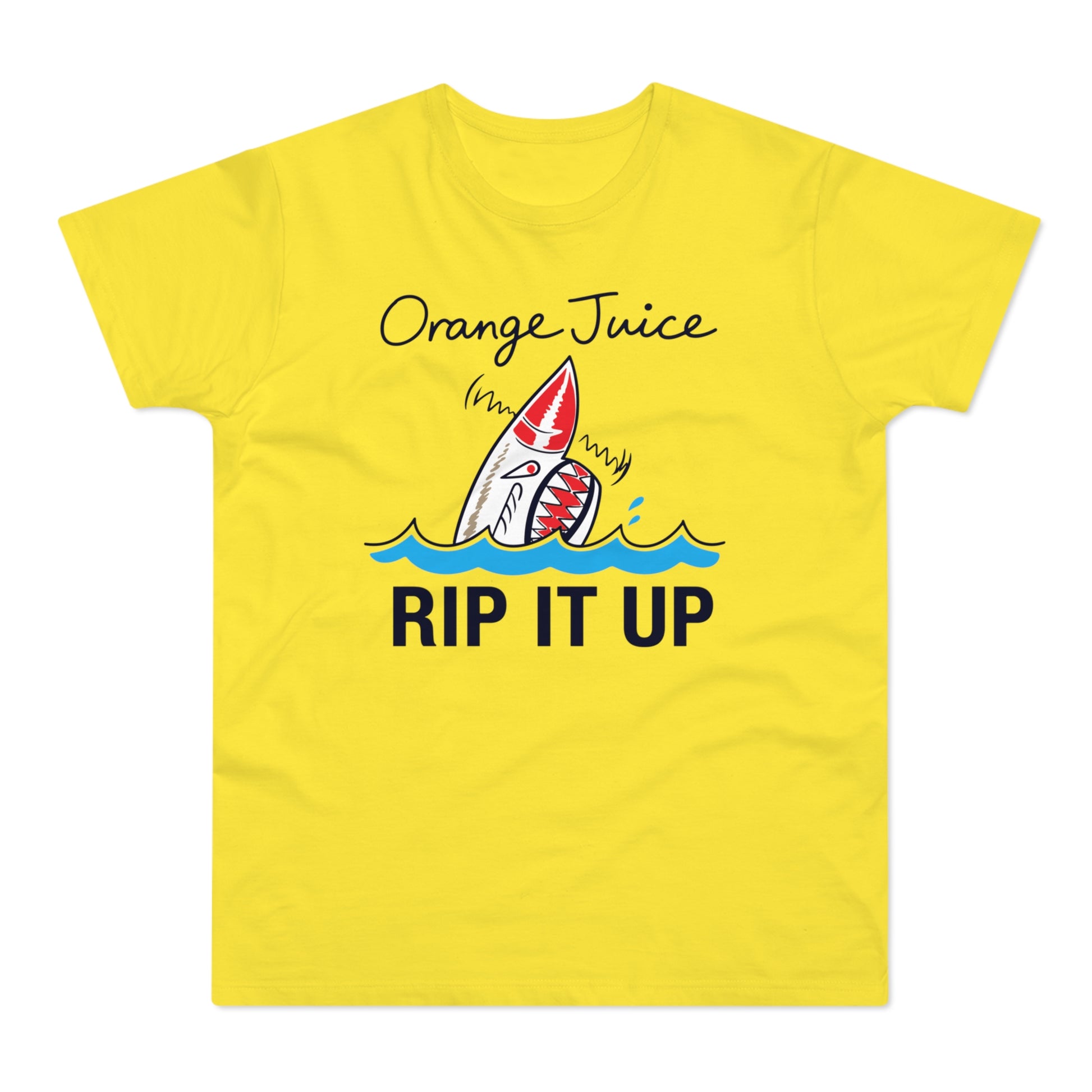 Yellow t-shirt with "Orange Juice RIP IT UP" and a shark in waves.