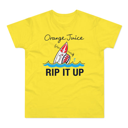Yellow t-shirt with "Orange Juice RIP IT UP" and a shark in waves.
