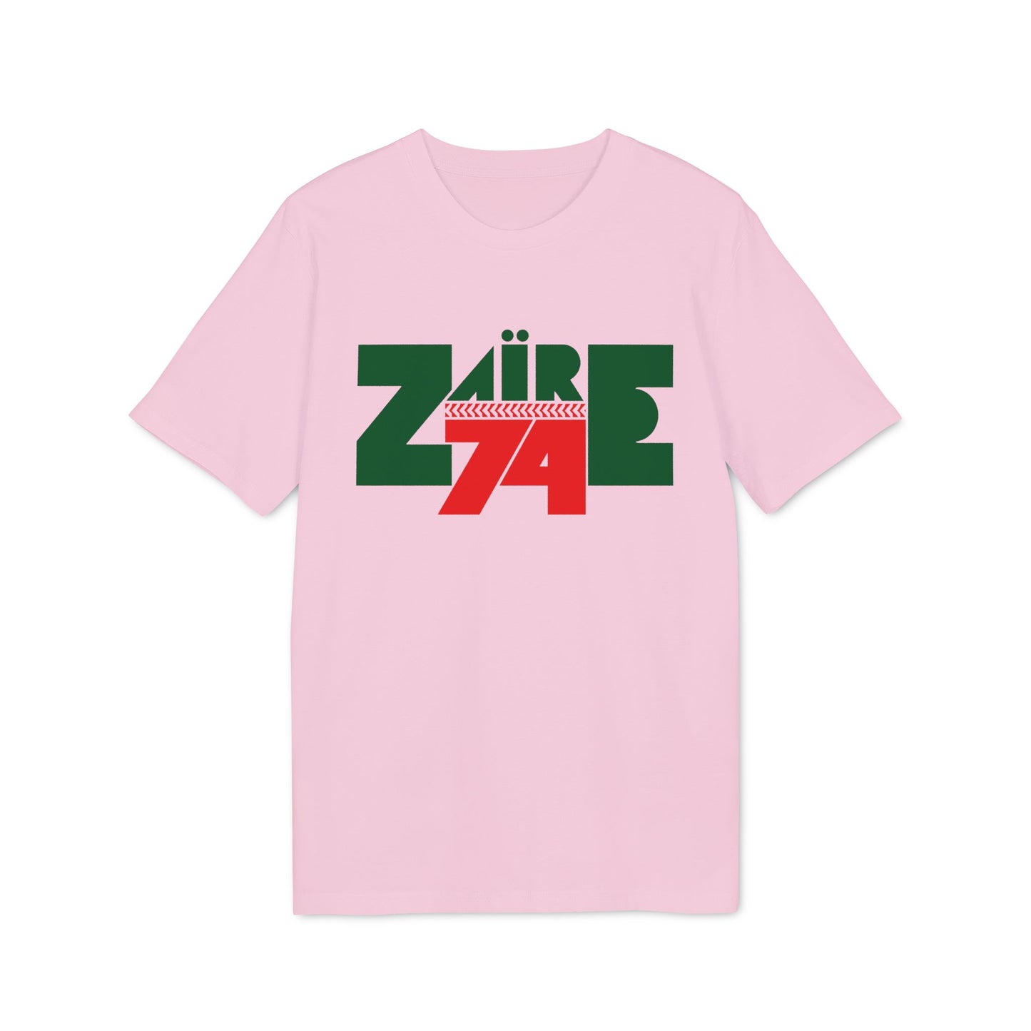 Pink t-shirt with green and red "ZAIRE 74" graphic text.