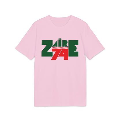 Pink t-shirt with green and red "ZAIRE 74" graphic text.