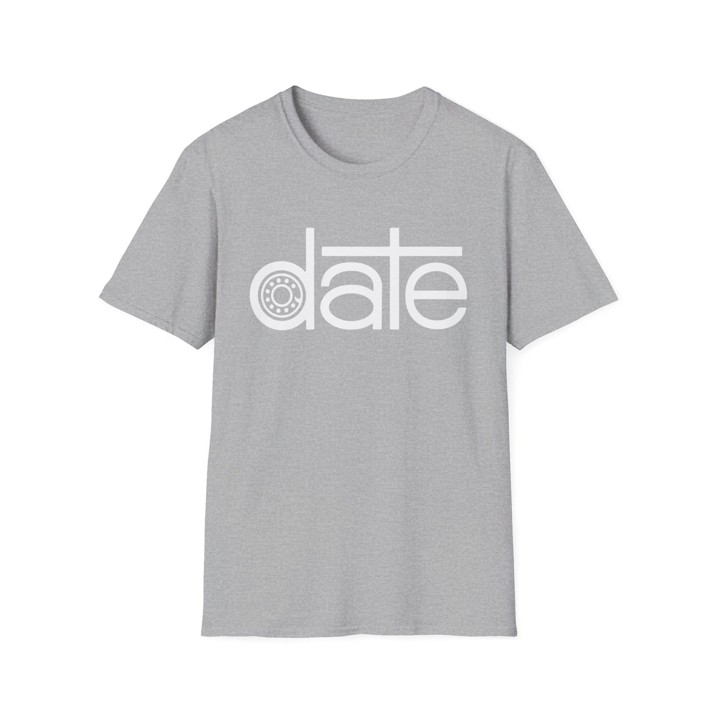 Grey t-shirt with white "date" graphic featuring a circular pattern in the "a".