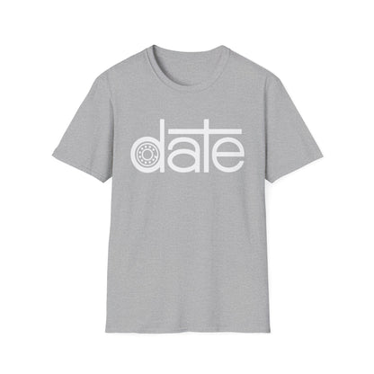 Grey t-shirt with white "date" graphic featuring a circular pattern in the "a".