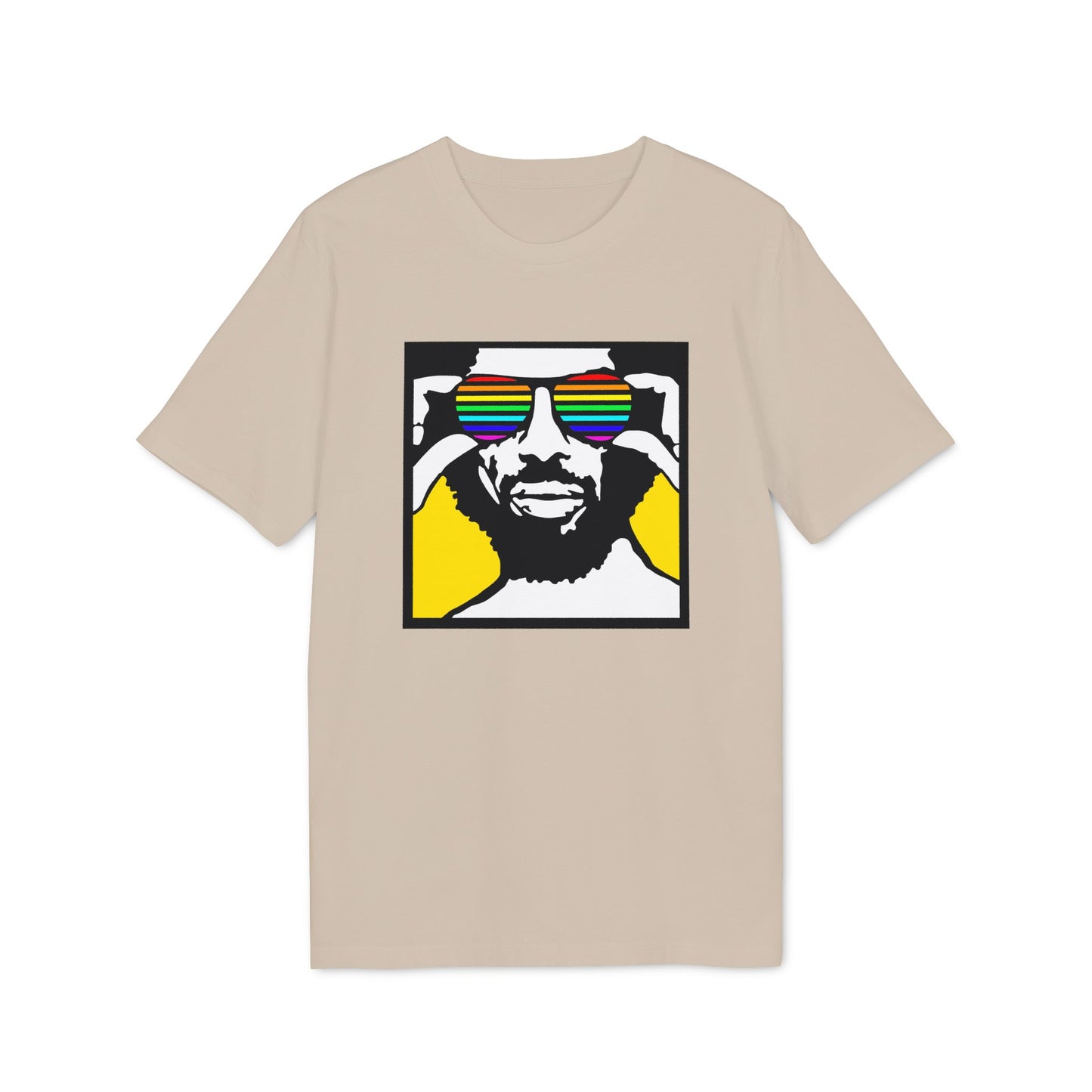 Man wearing rainbow sunglasses on beige t-shirt with black and yellow square graphic.