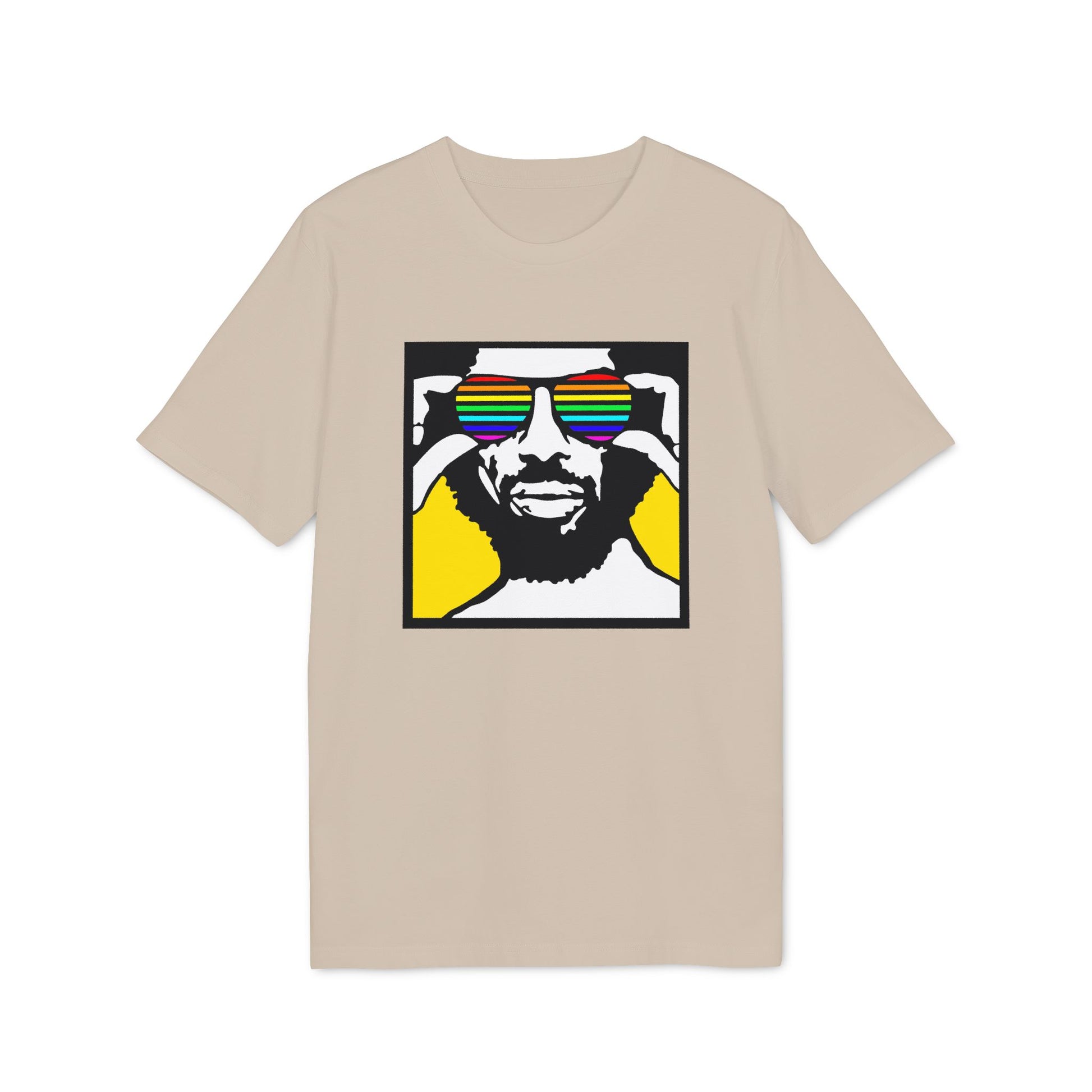 Man wearing rainbow sunglasses on beige t-shirt with black and yellow square graphic.