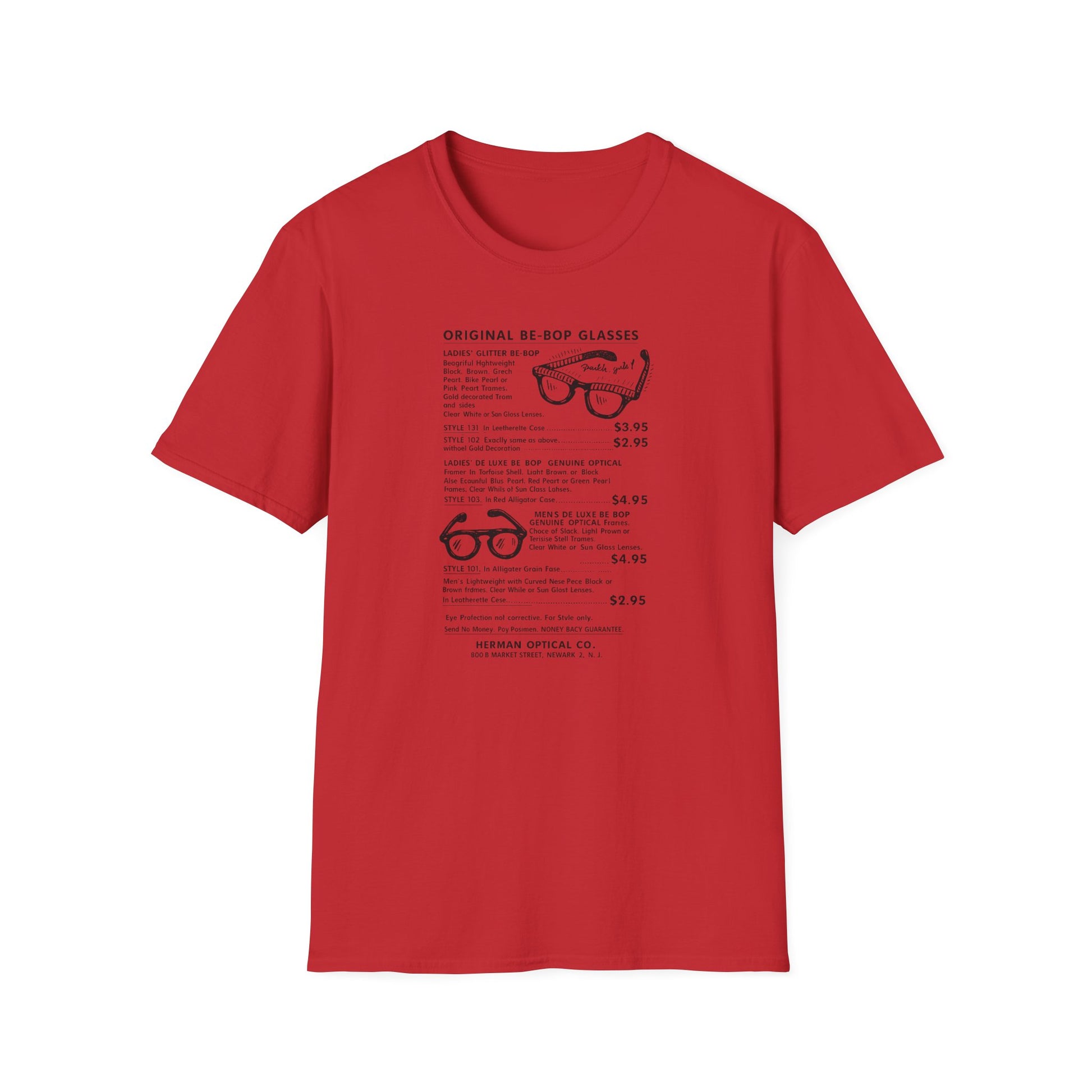 Red t-shirt with graphic of "Original Be-Bop Glasses" styles and pricing.
