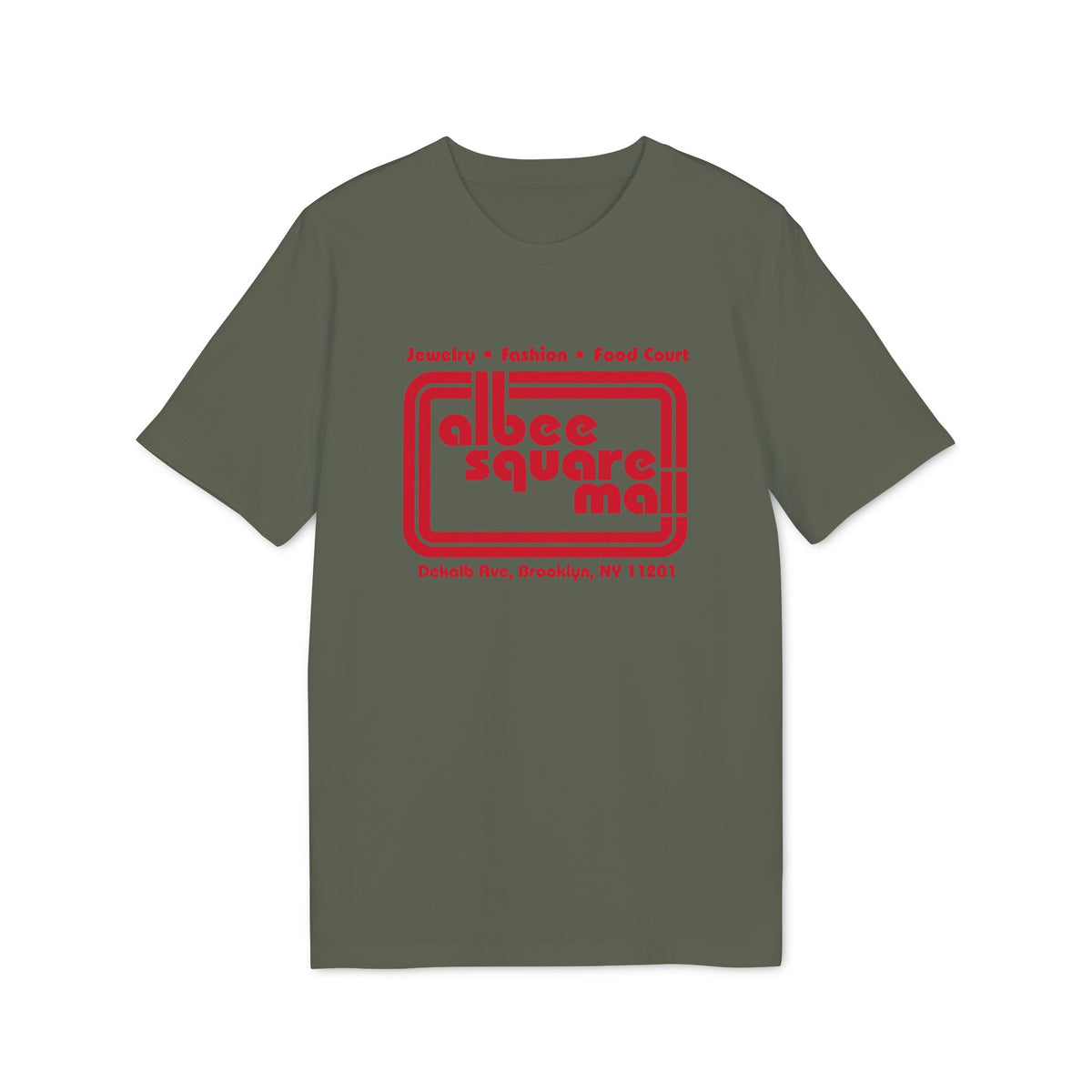 Olive green t-shirt with red "Albee Square Mall" logo and Brooklyn address.
