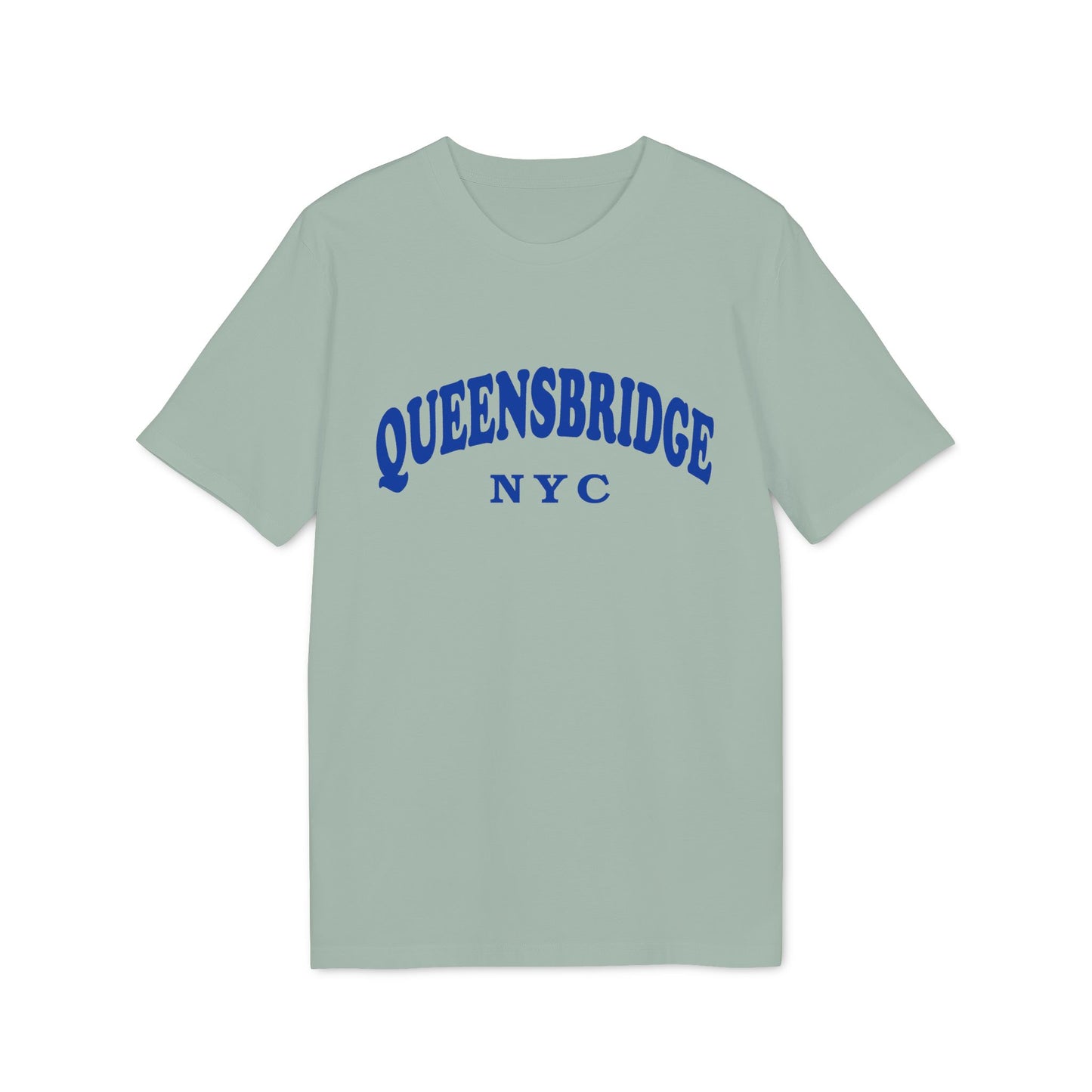 Light teal t-shirt with blue "QUEENSBRIDGE NYC" text on chest.