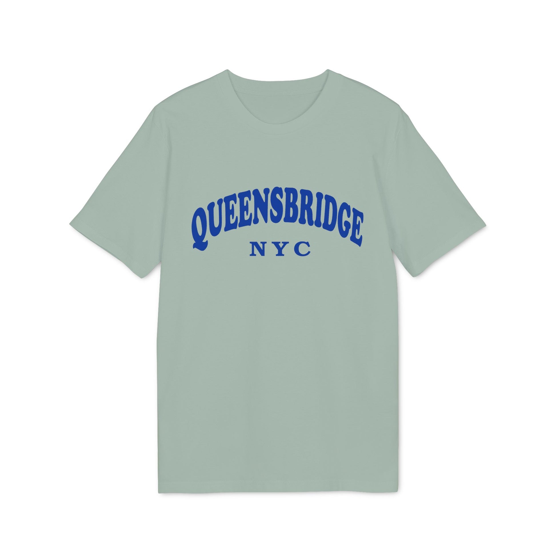 Light teal t-shirt with blue "QUEENSBRIDGE NYC" text on chest.