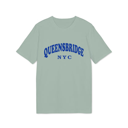 Light teal t-shirt with blue "QUEENSBRIDGE NYC" text on chest.