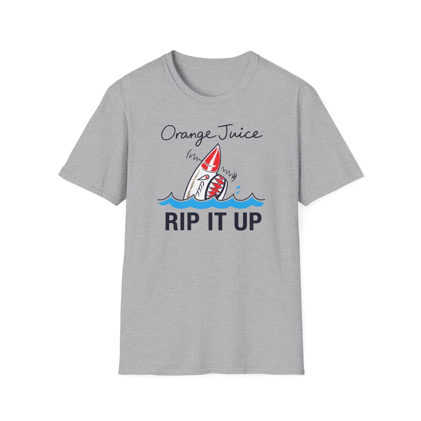A shark pops out of the water on a gray t-shirt with text.