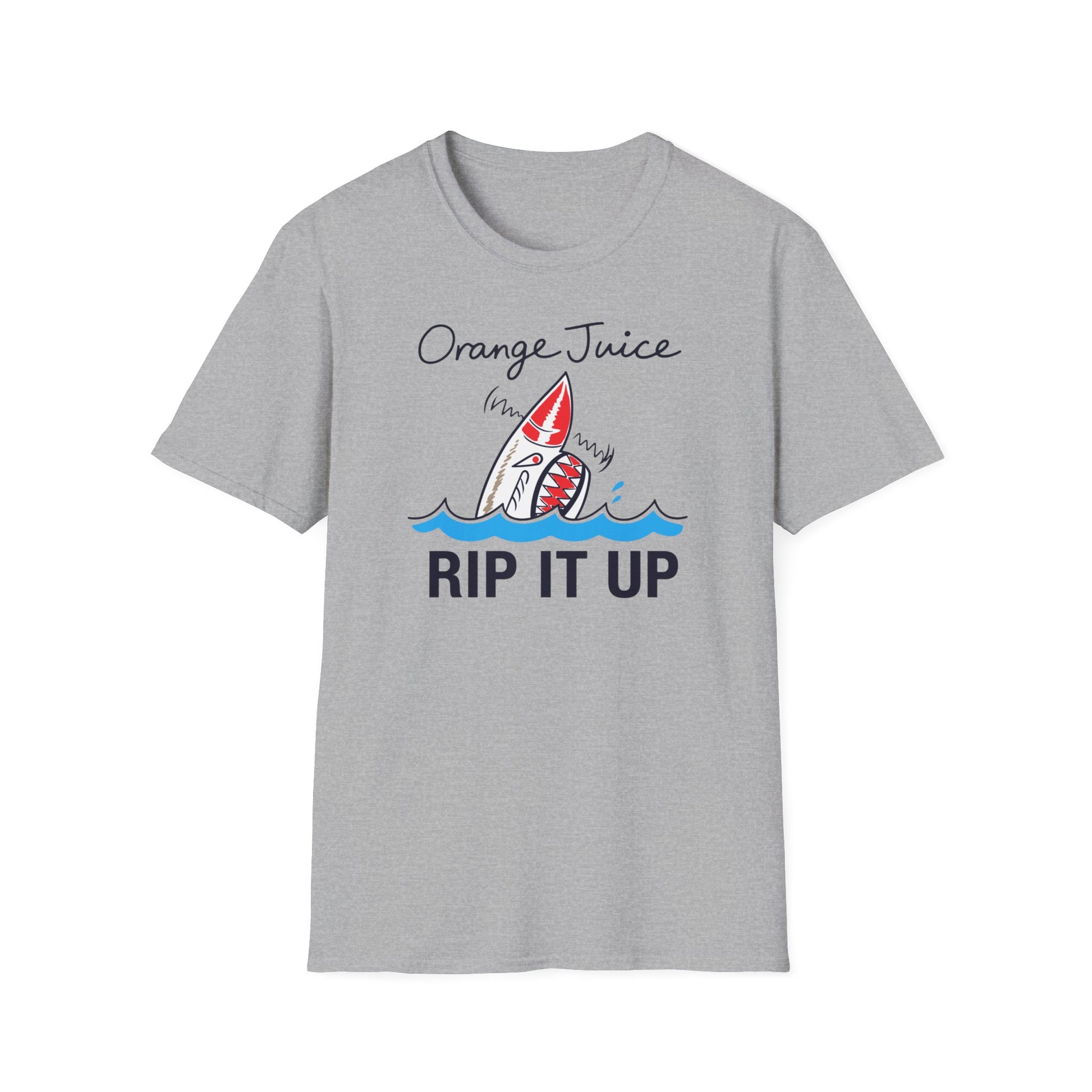 A shark pops out of the water on a gray t-shirt with text.
