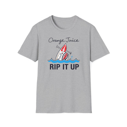 A shark pops out of the water on a gray t-shirt with text.
