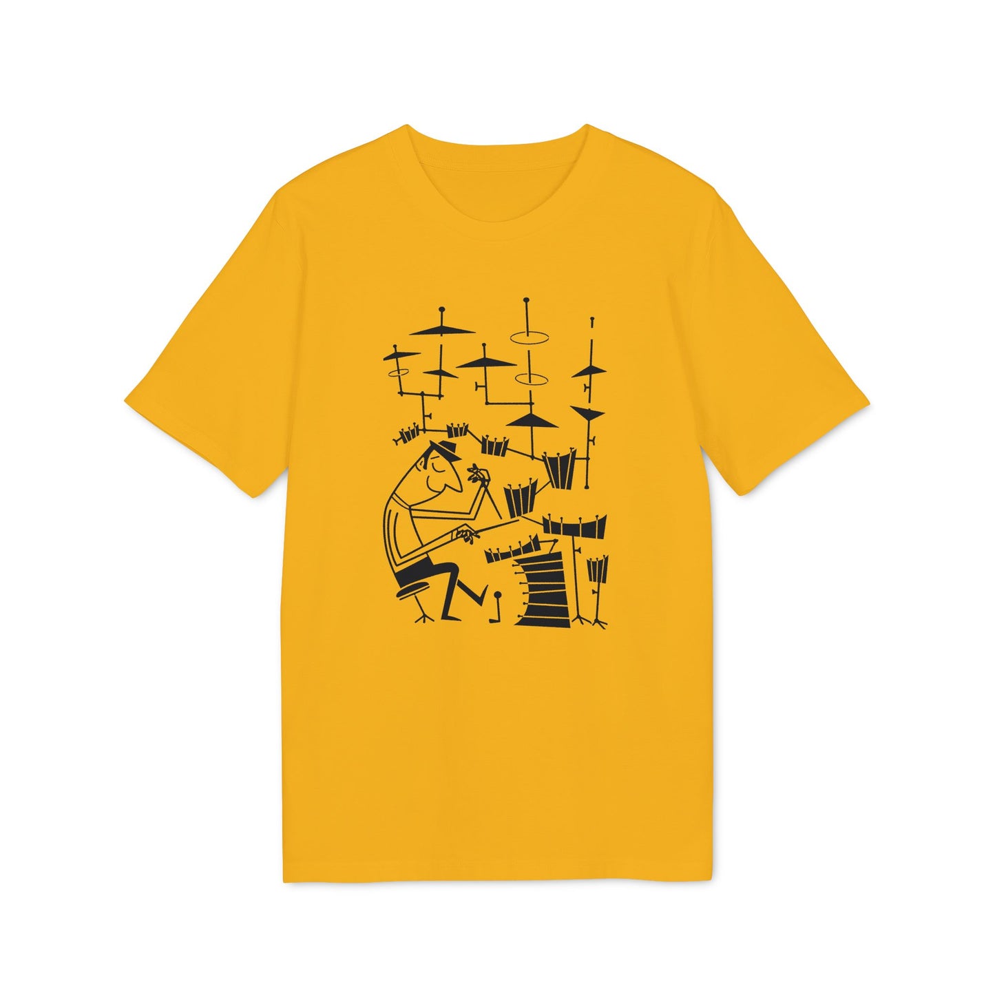 Black illustration of a drummer playing a drum set on a yellow t-shirt.