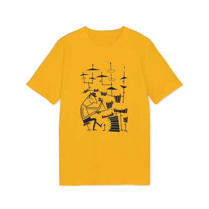 Black illustration of a drummer playing a drum set on a yellow t-shirt.