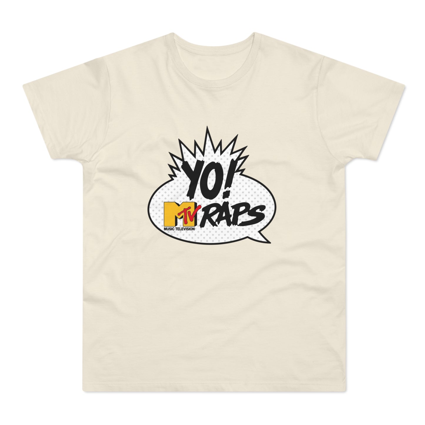 Cream t-shirt with "YO! MTV RAPS MUSIC TELEVISION" graphic in a speech bubble.