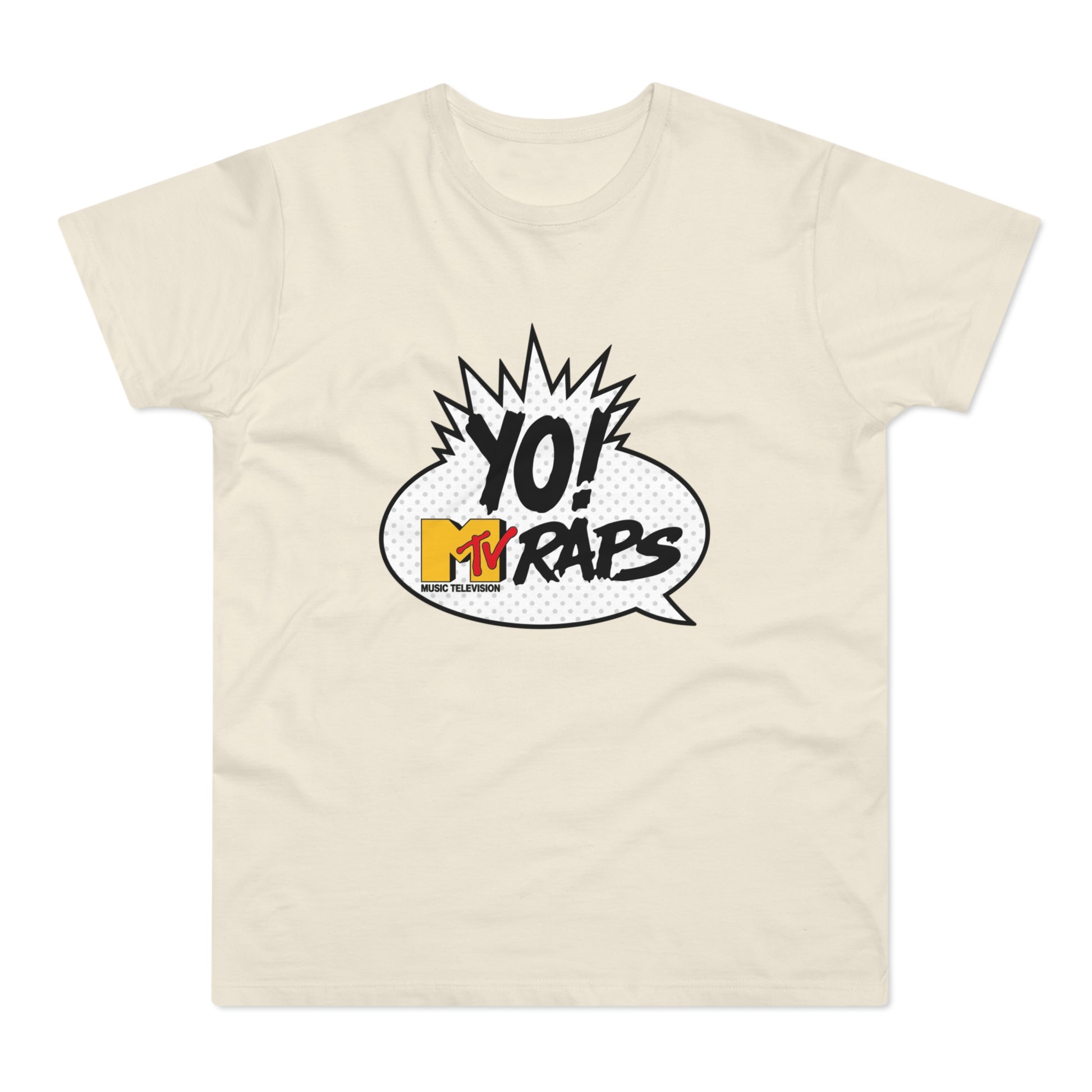 Cream t-shirt with "YO! MTV RAPS MUSIC TELEVISION" graphic in a speech bubble.