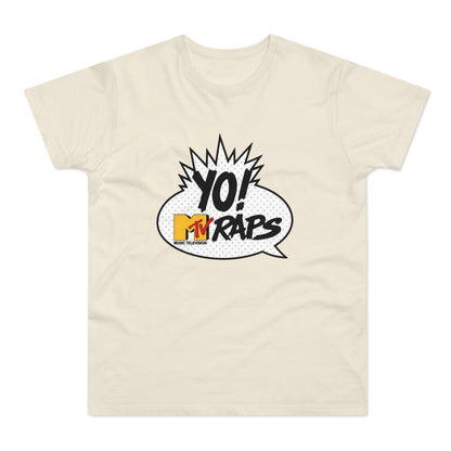 Cream t-shirt with "YO! MTV RAPS MUSIC TELEVISION" graphic in a speech bubble.