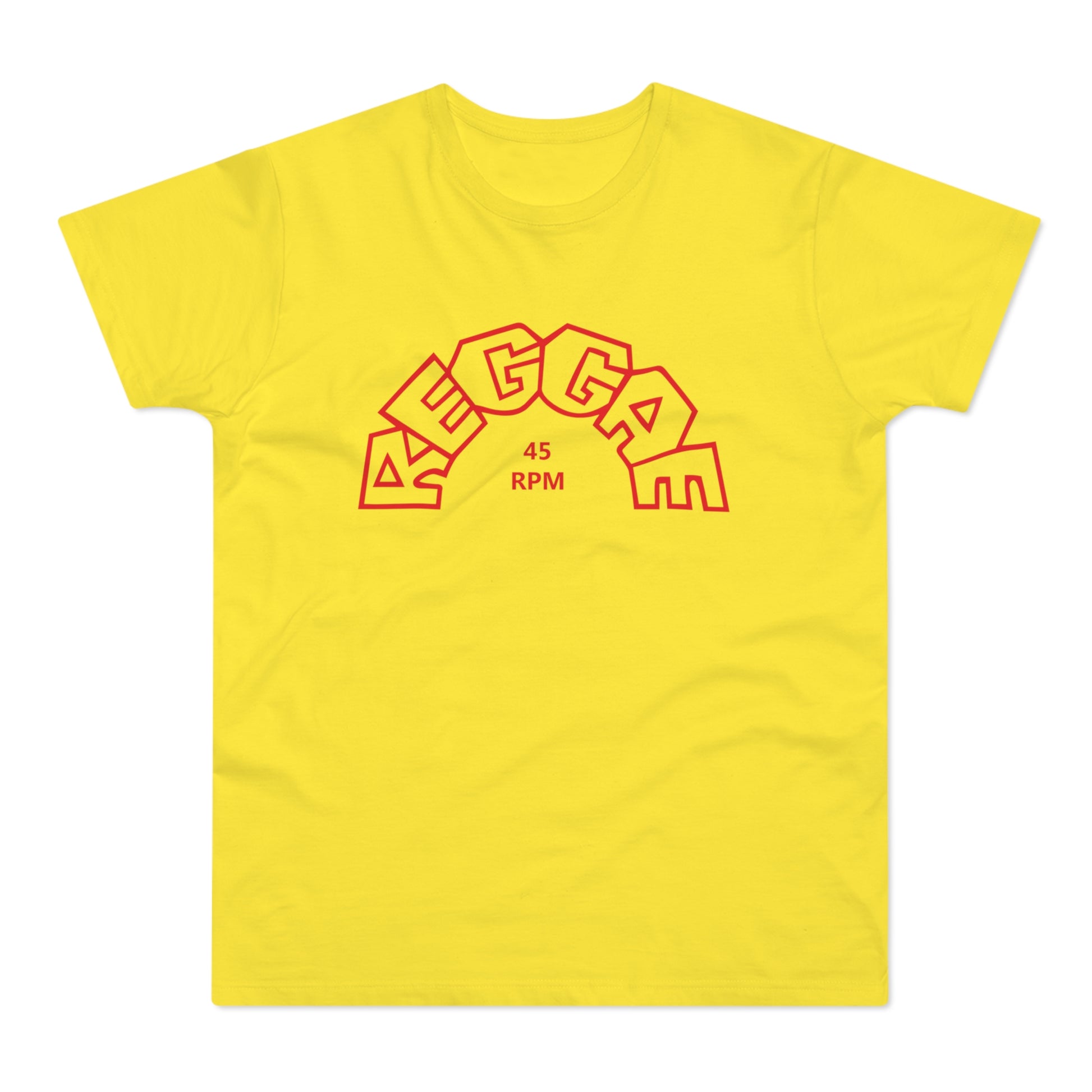 Yellow t-shirt with red "REGGAE" arch logo and "45 RPM".