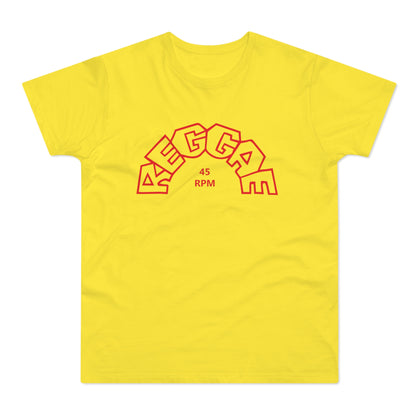 Yellow t-shirt with red "REGGAE" arch logo and "45 RPM".
