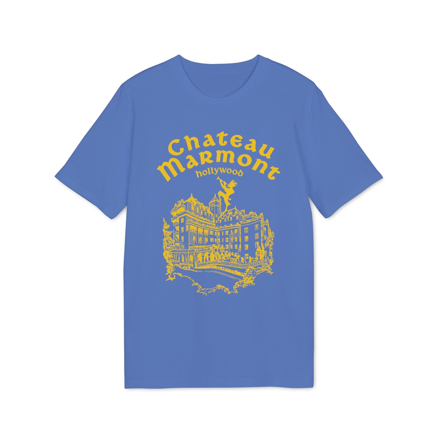 Blue t-shirt with yellow Chateau Marmont Hollywood graphic.