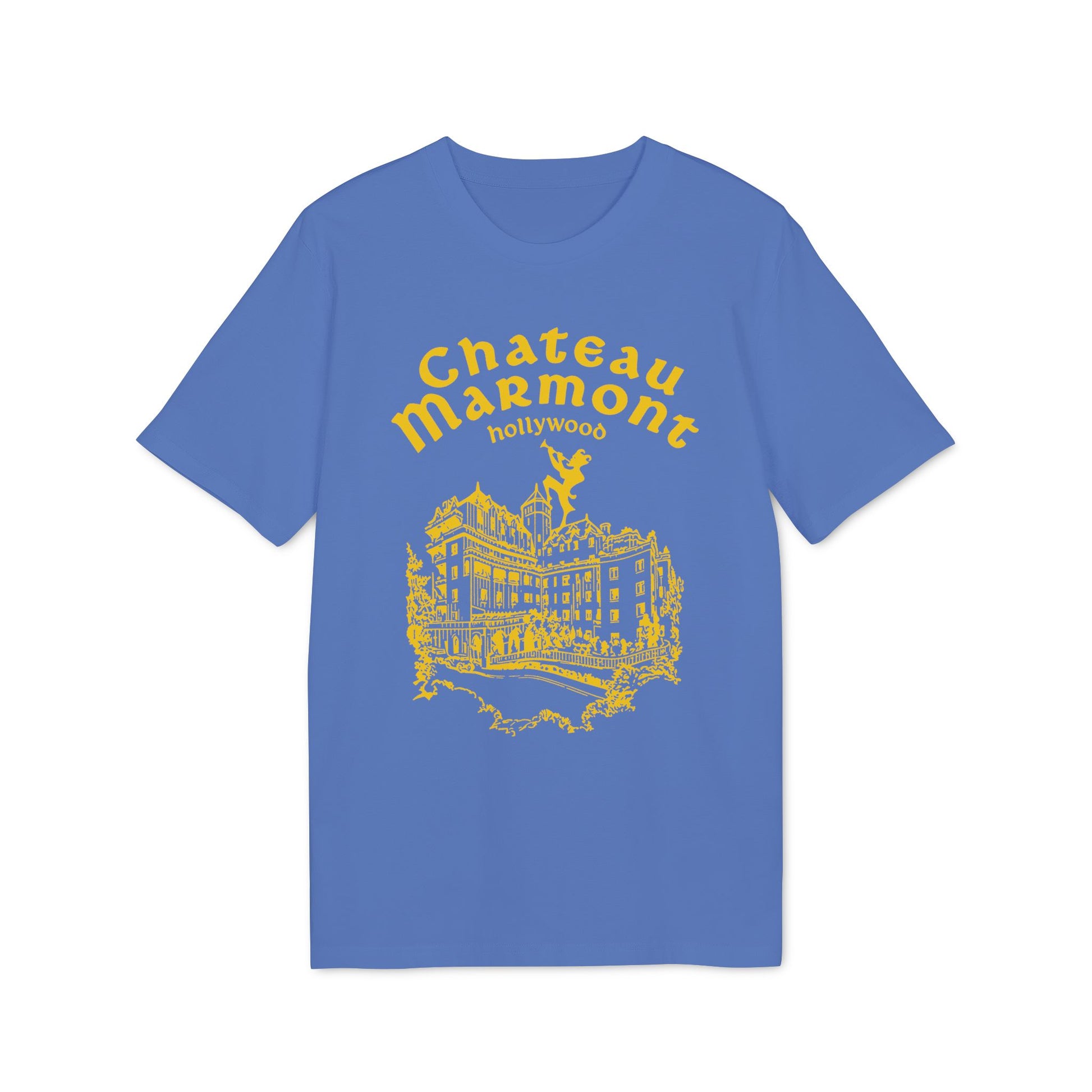 Blue t-shirt with yellow Chateau Marmont Hollywood graphic.