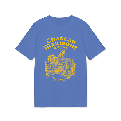 Blue t-shirt with yellow Chateau Marmont Hollywood graphic.