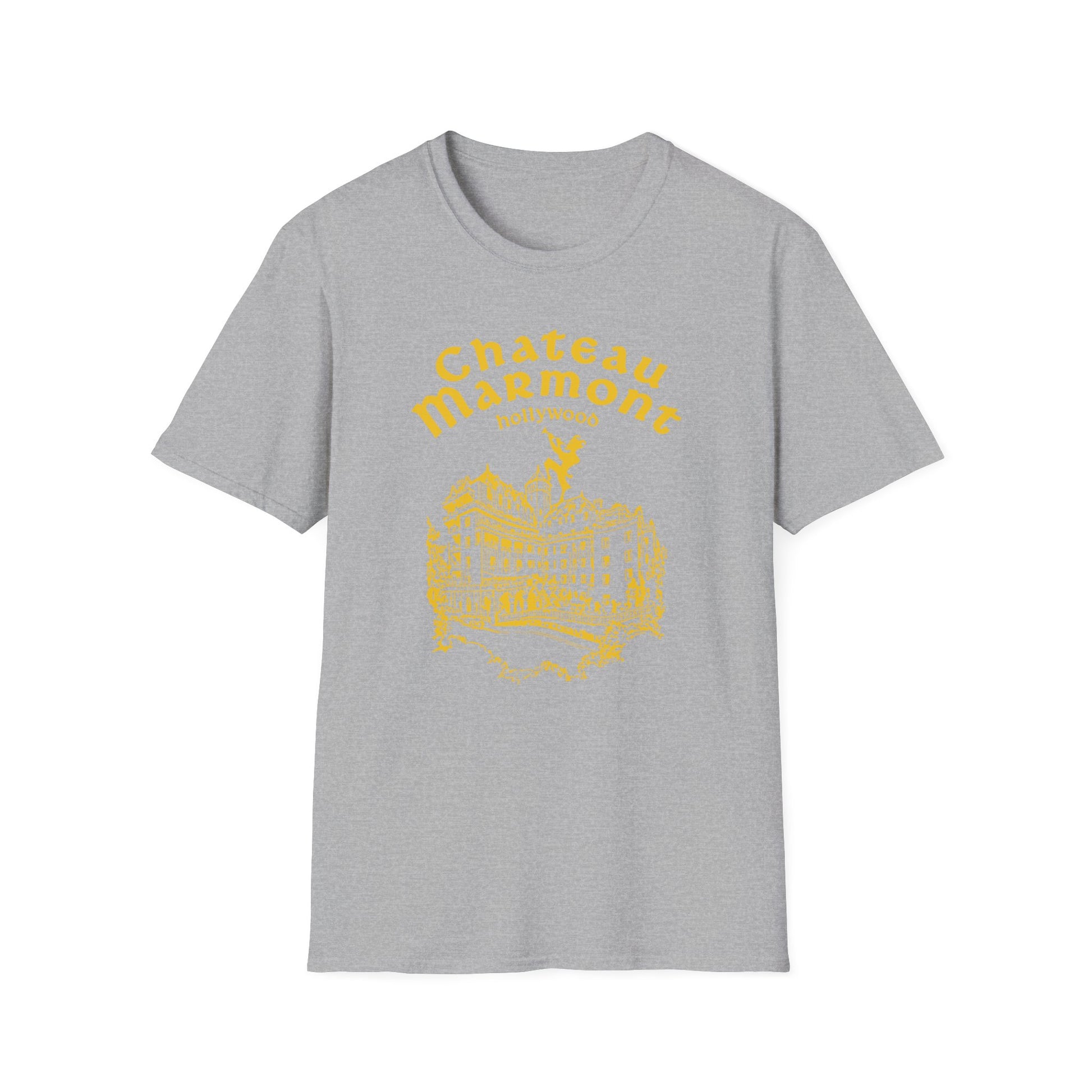 Grey t-shirt with yellow Chateau Marmont Hollywood graphic and building illustration.
