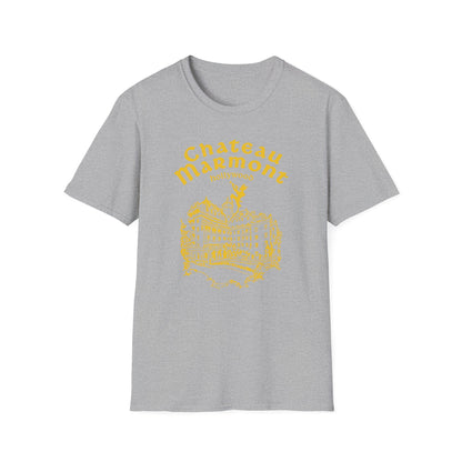 Grey t-shirt with yellow Chateau Marmont Hollywood graphic and building illustration.