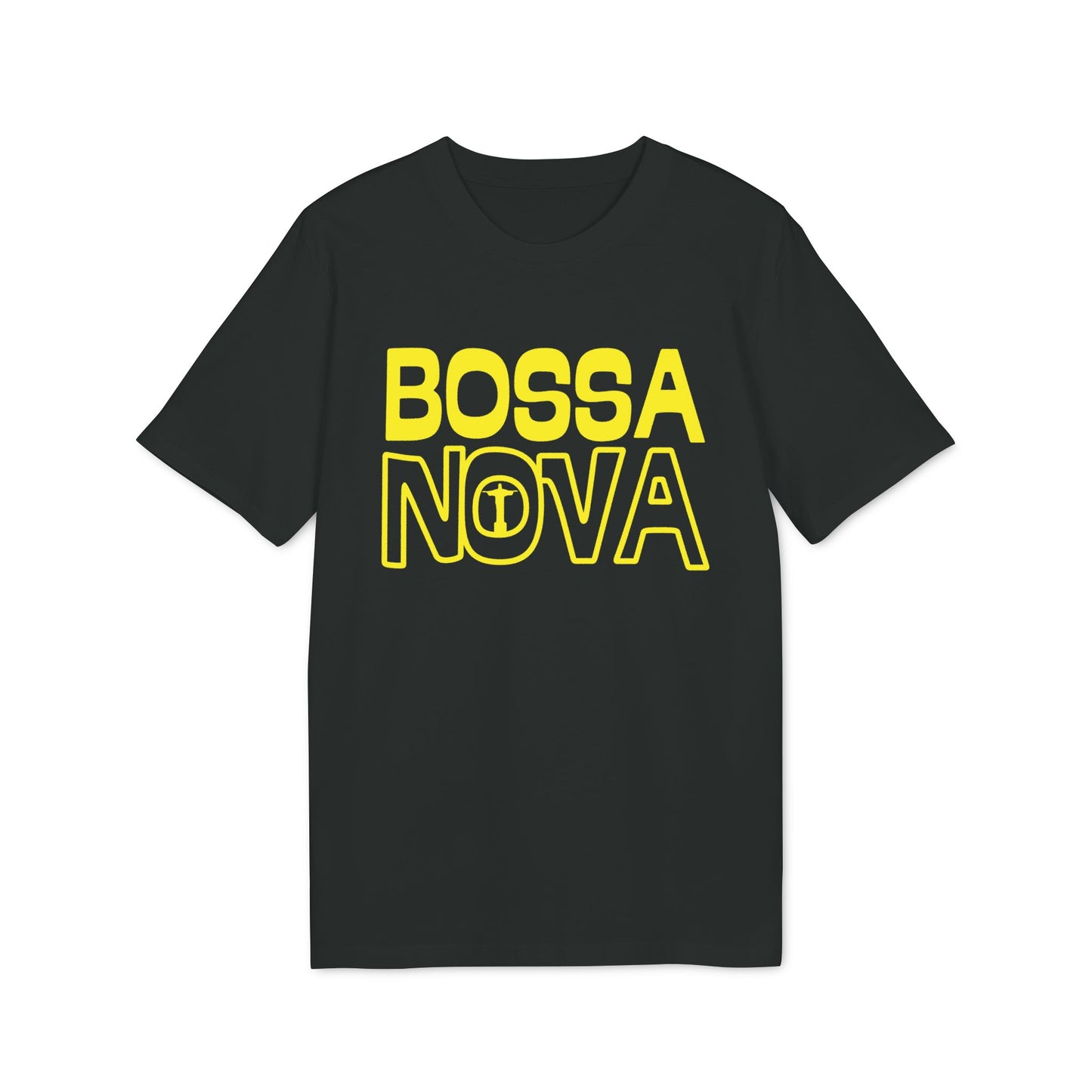 Black t-shirt with yellow "BOSSA NOVA" text design.