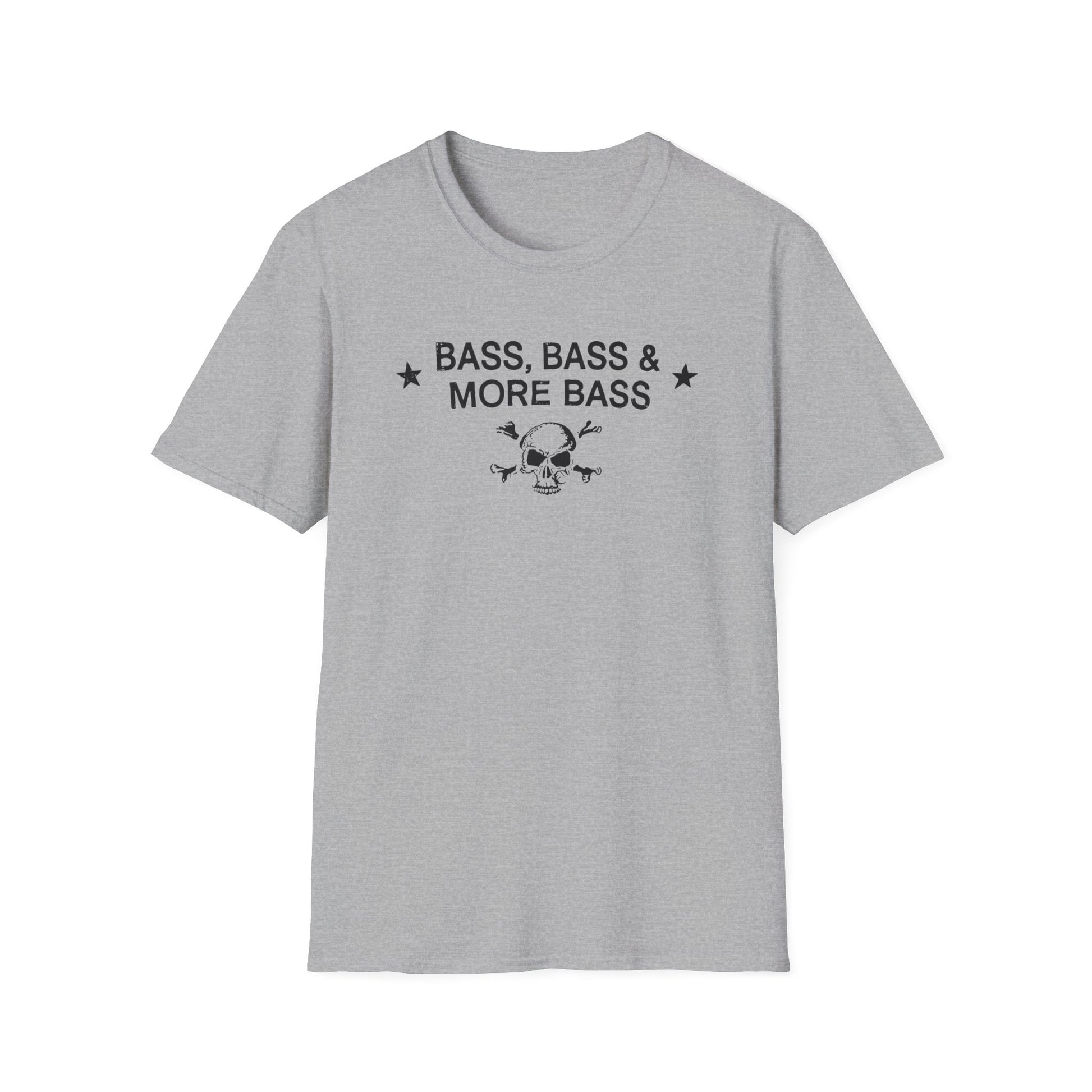 Grey t-shirt with text "BASS, BASS & MORE BASS" and skull crossbones graphic.