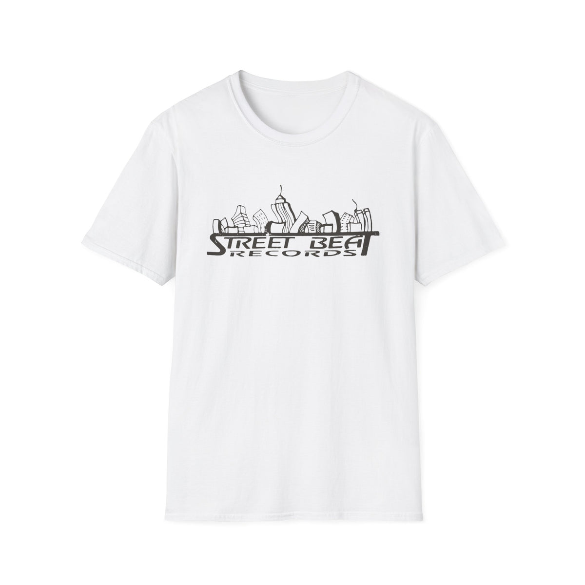 White t-shirt with "Street Beat Records" text over a city skyline graphic.