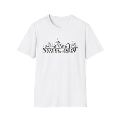 White t-shirt with "Street Beat Records" text over a city skyline graphic.