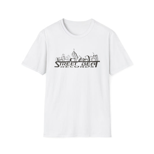 White t-shirt with "Street Beat Records" text over a city skyline graphic.