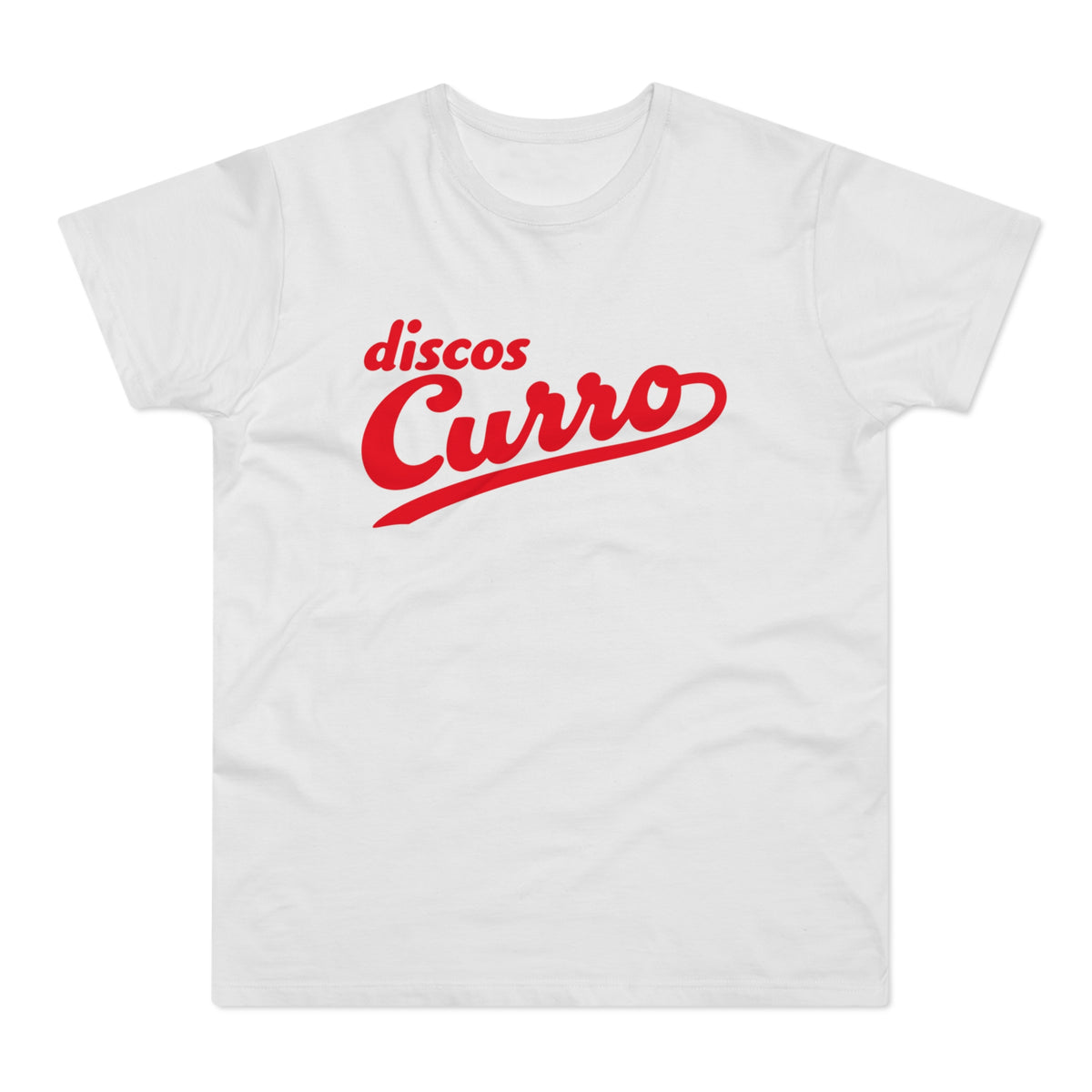 White t-shirt with red "discos Curro" script logo across the chest.