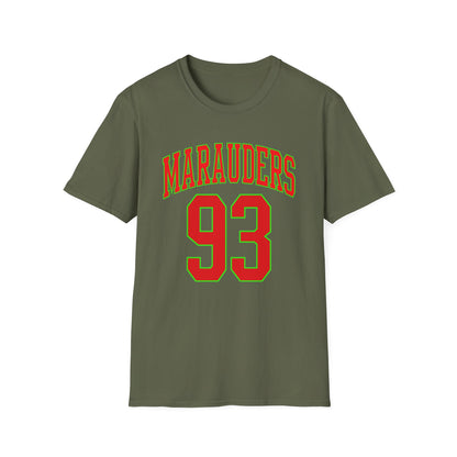 Olive green t-shirt with red text "MARAUDERS" and "93".