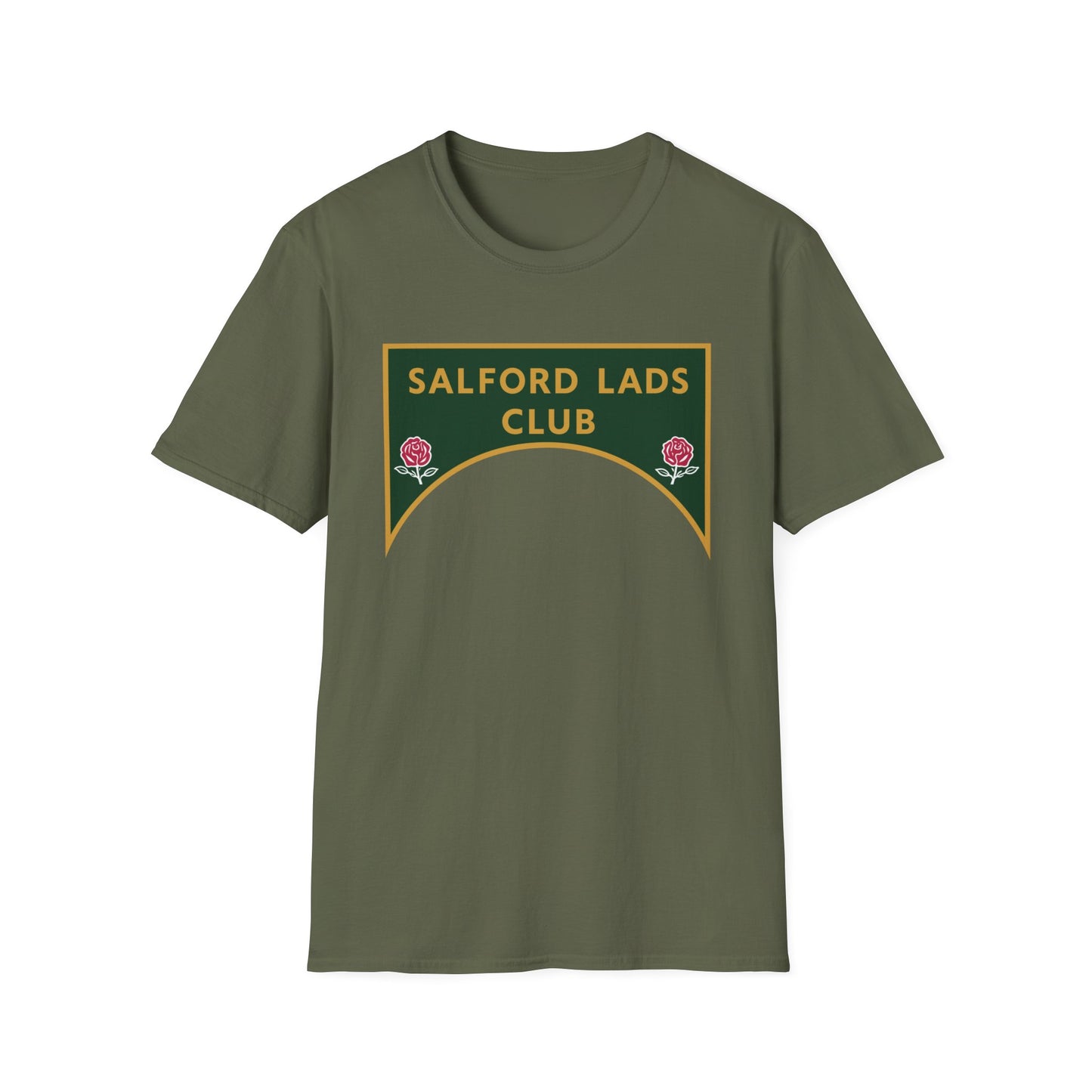 Khaki t-shirt with "Salford Lads Club" and two rose emblems on the chest.