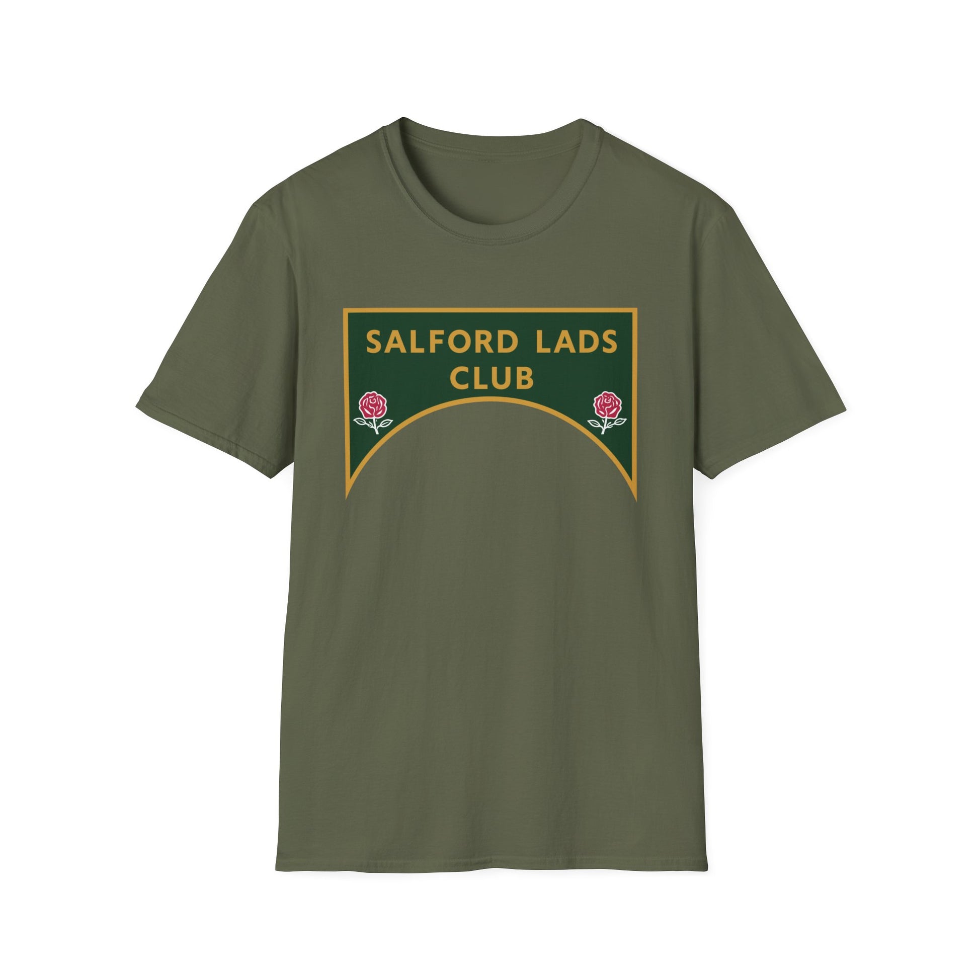 Khaki t-shirt with "Salford Lads Club" and two rose emblems on the chest.