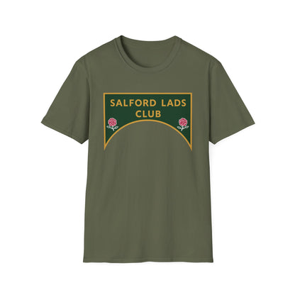 Khaki t-shirt with "Salford Lads Club" and two rose emblems on the chest.