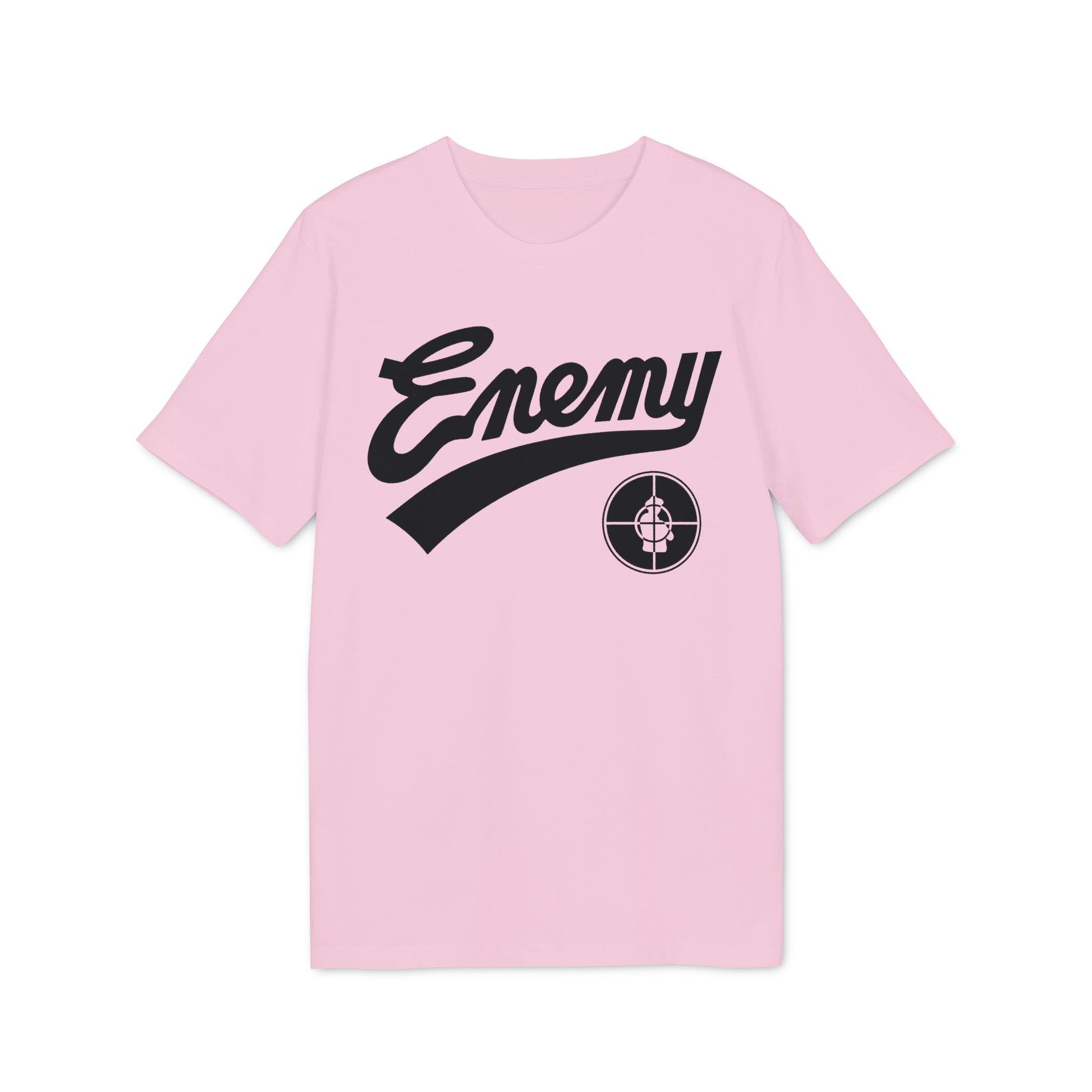 Pink t-shirt with black "Enemy" text and a target logo.