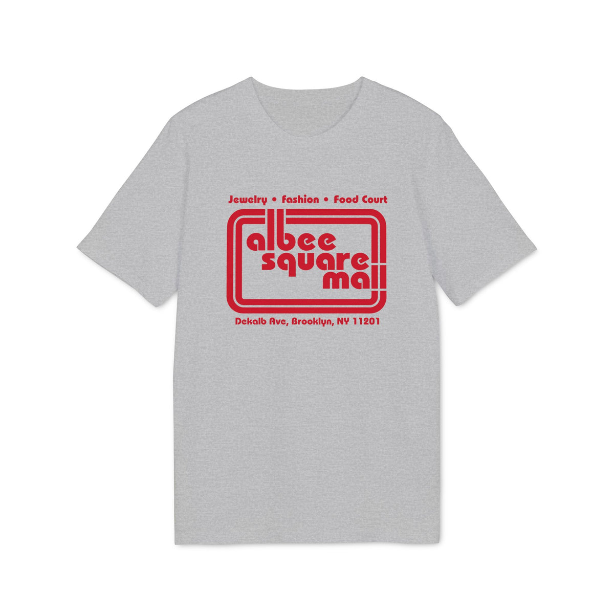 Grey t-shirt with red Albee Square Mall logo and Brooklyn address.