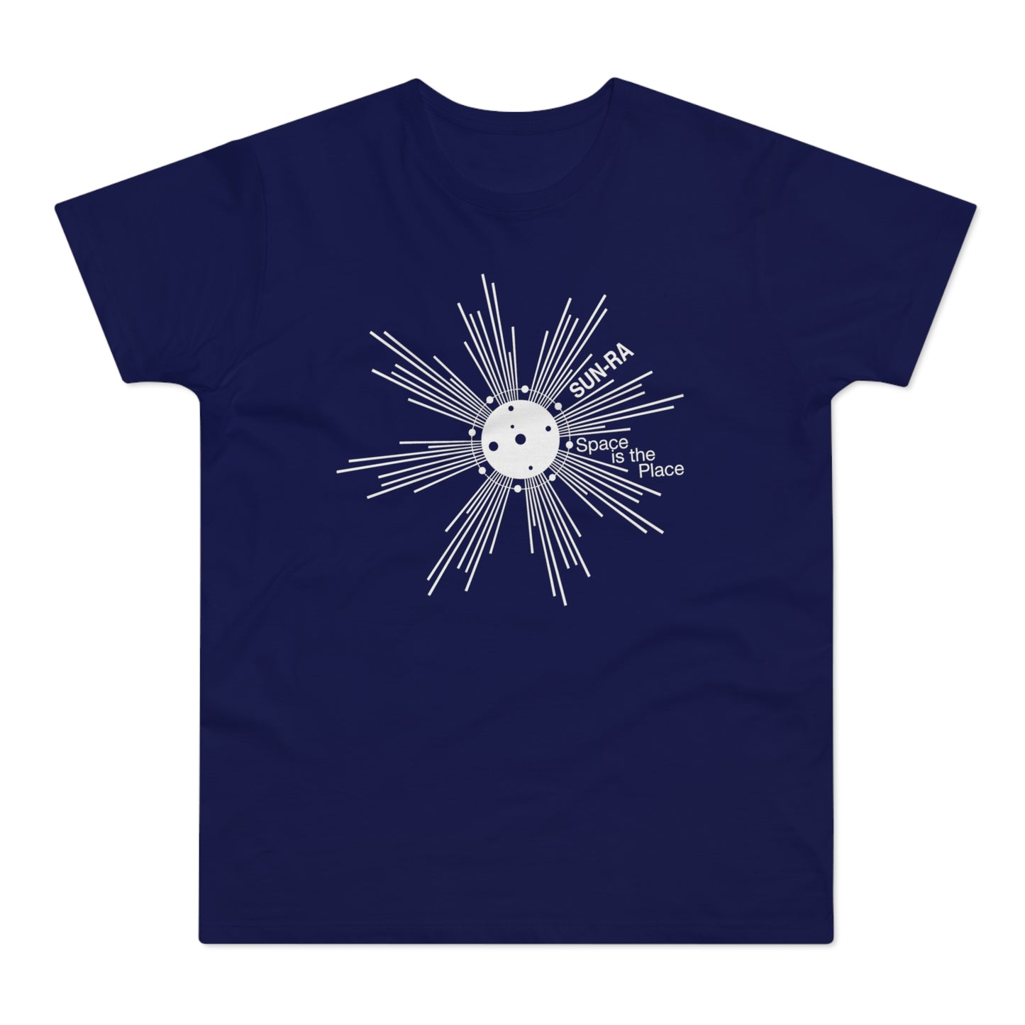 Navy t-shirt with Sun-Ra "Space is the Place" graphic in white.