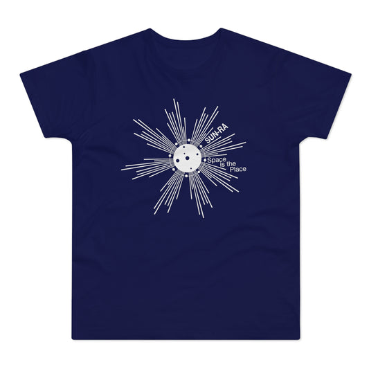 Navy t-shirt with Sun-Ra "Space is the Place" graphic in white.