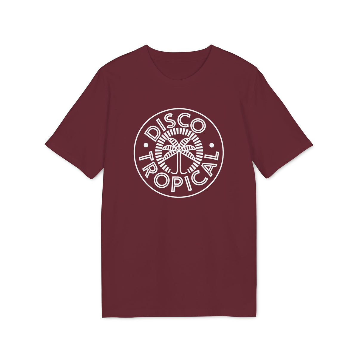 Maroon t-shirt with white "Disco Tropical" circular graphic featuring a palm tree.