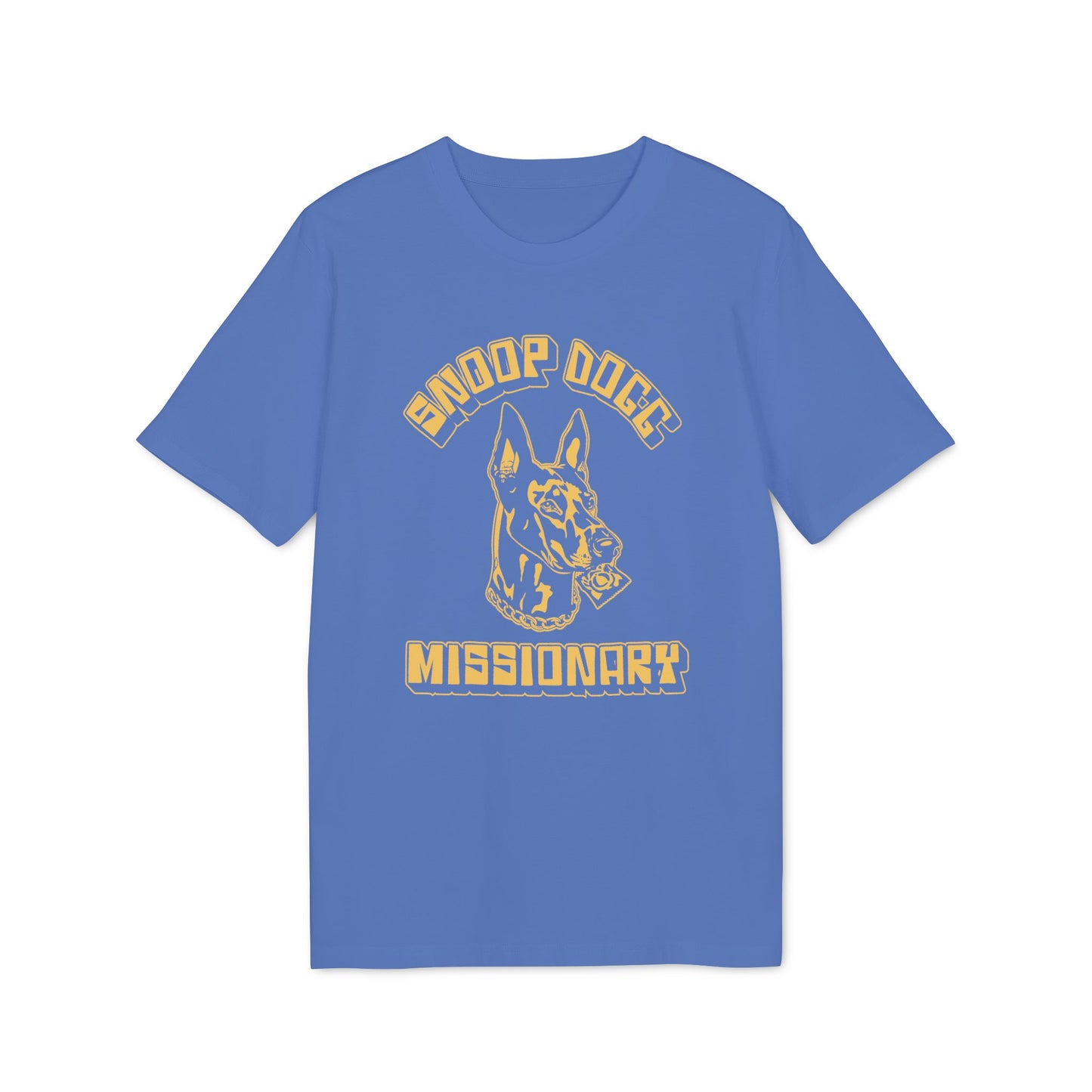 Blue t-shirt with yellow Snoop Dogg "Missionary" dog graphic and text.
